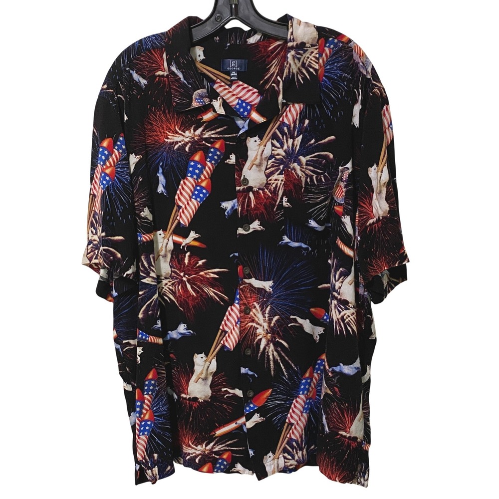 Patriotic Mens Button Front Shirt 2XL Cats Rockets Fireworks Kitschy Americana - Picture 2 of 6